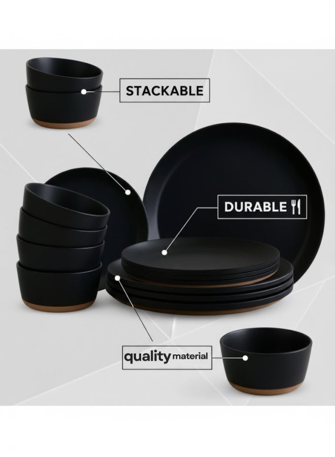 Feelings 12-Piece Stoneware Dinner Set includes 4 x 10.5" Dinner Plate , 4 x 8" Salad Plate , 4 x 6" Bowl, Serves 4, Black - Image 3